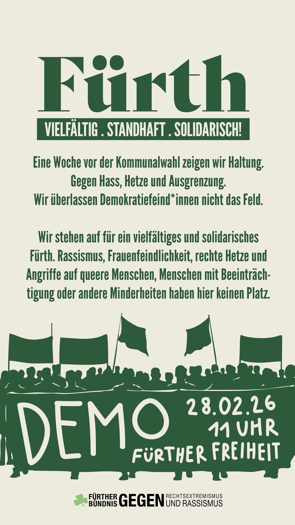 Demo: Fürth – Vielfältig. Standhaft. Solidarisch am kommenden Samstag